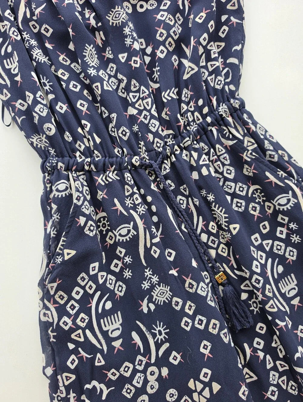 Tory Burch Silk Navy Blue Geometric Tribal Print Wide Leg Jumpsuit